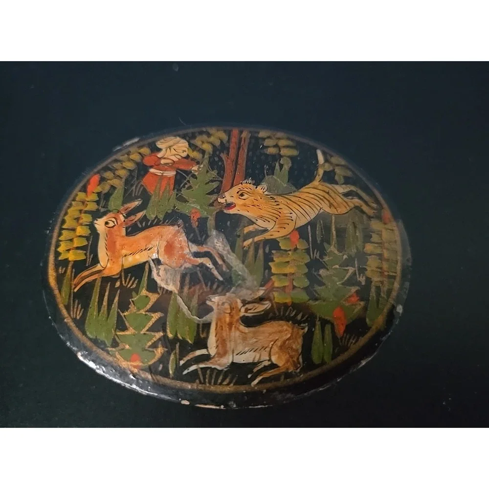 Vintage Paper Mache Box Deer Rabbit Hunting Kashmir India‎ Hand Painted 3